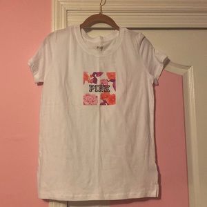 Pink Victoria secret white t-shirt with floral logo